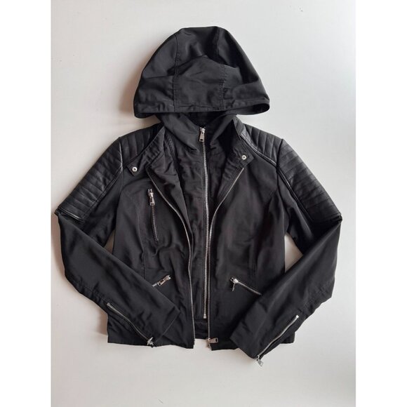 DANIER Dakota Black Polyester Quilted Leather Hooded Biker Jacket, Size XS - Picture 5 of 14